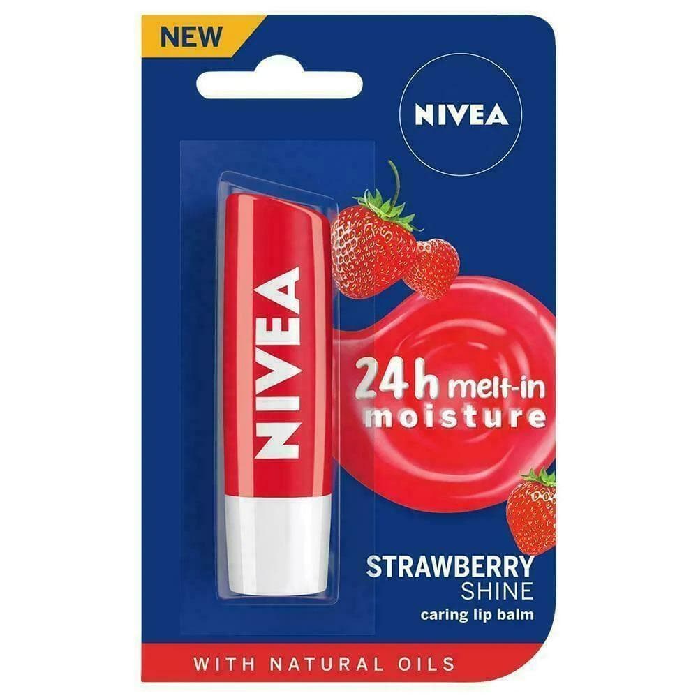 Nivea 24H Caring Lip Balm with Natural Oils, Strawberry Shine